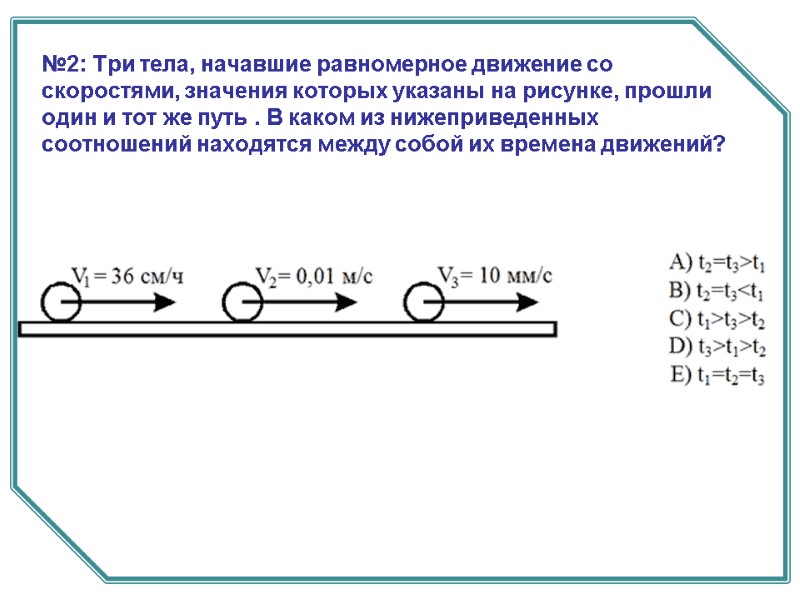 №2: Три тела, начавшие равномерное движение со скоростями, значения которых указаны на рисунке, прошли